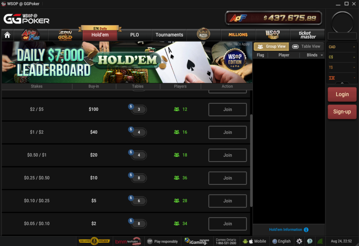 GGPoker Ontario cash game lobby with games running almost at all times
